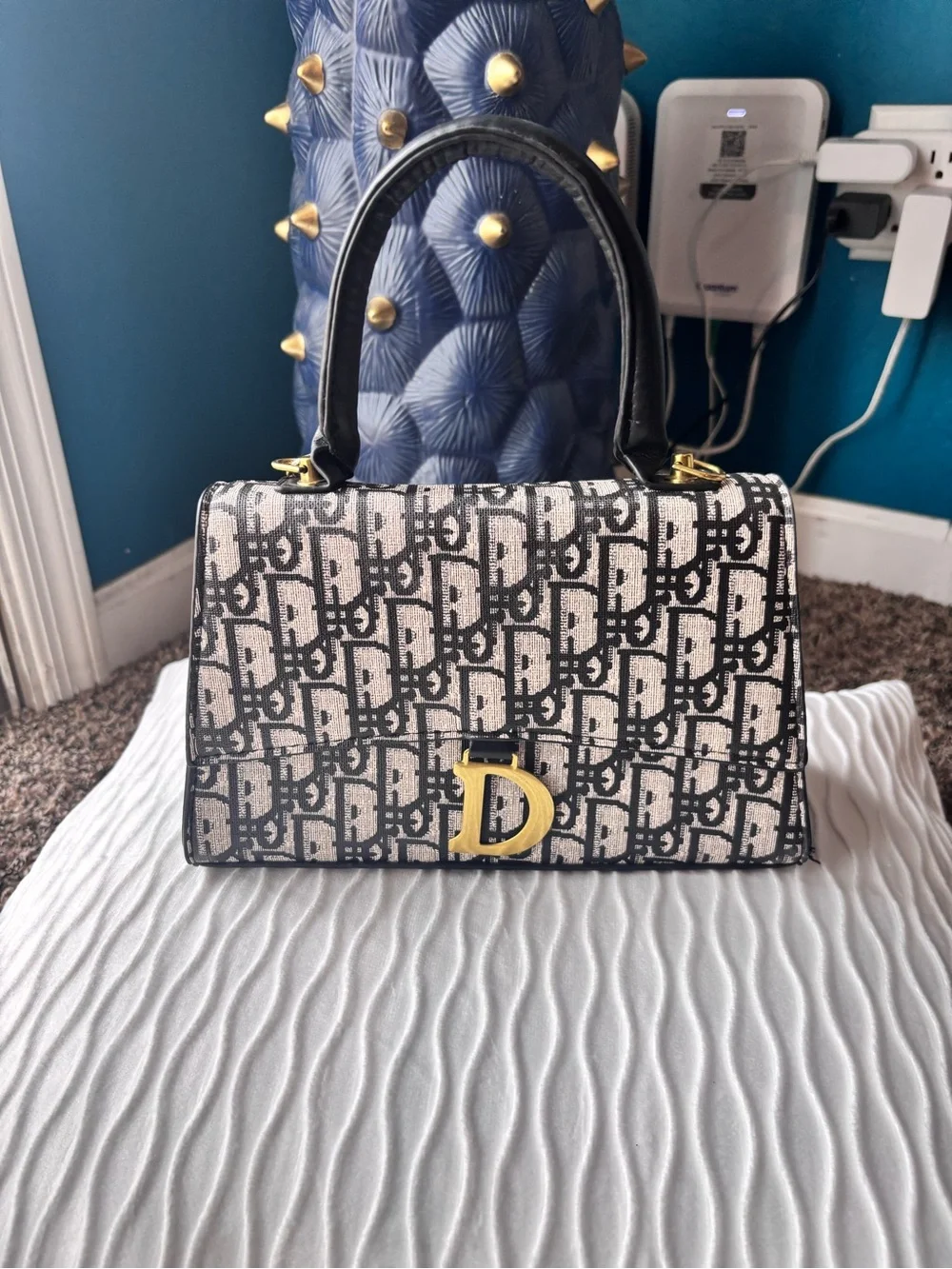 Inspired Dior bag Black and Beige Logo Top-Handle Satchel with Gold 'D' Accent